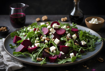 A colorful beet salad with arugula, walnuts, and vegan feta, topped with balsamic vinaigrette, ai.