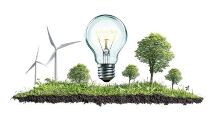 Green Energy Innovation:  A glowing light bulb, symbolizing brilliant ideas and sustainable energy, rises above a verdant landscape with wind turbines, representing a clean and bright future. 