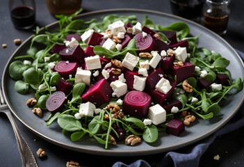 A colorful beet salad with arugula, walnuts, and vegan feta, topped with balsamic vinaigrette, ai.