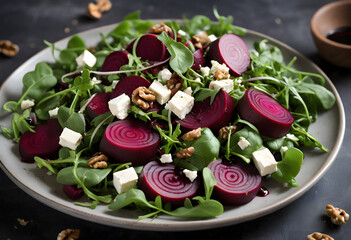 A colorful beet salad with arugula, walnuts, and vegan feta, topped with balsamic vinaigrette, ai.