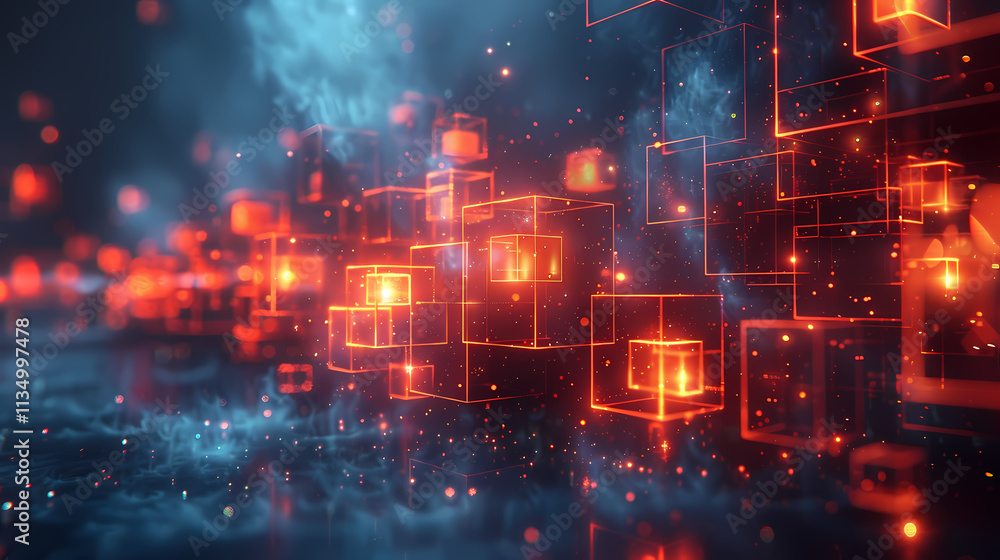 Poster cybernetic dreamscape: glowing orange and red cubes form a dynamic, interconnected network in a dark