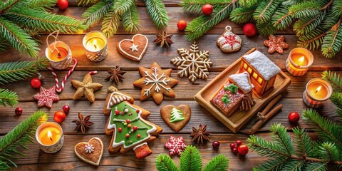 A festive Christmas table setting with gingerbread cookies, evergreen branches, and burning candles
