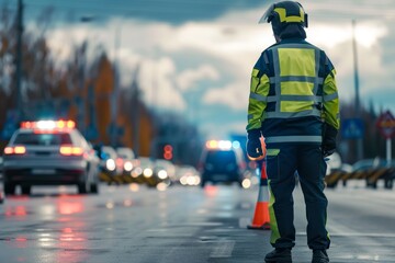 A police officer stands in the middle of a wet road, directing traffic with caution. Emergency vehicles are visible in the background, adding to the urgency of the situation.