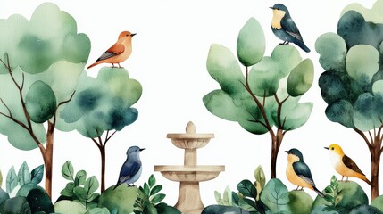 A serene watercolor scene featuring birds perched among lush green trees surrounding a decorative fountain.