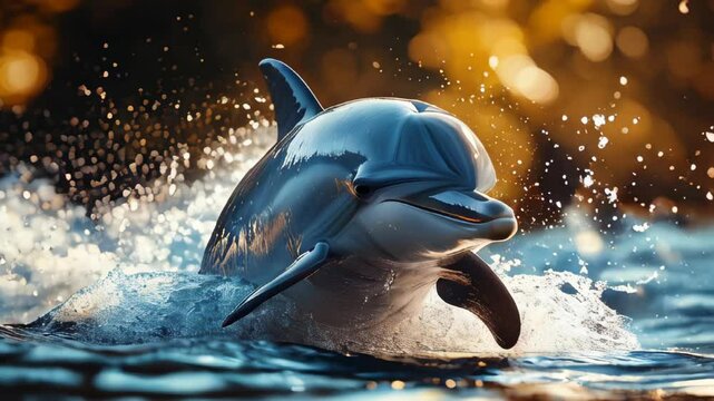 A stunning close-up of a dolphin swimming joyfully in clear blue water. A vibrant and serene view of marine life