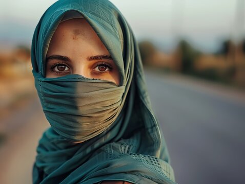 A young Middle Eastern woman wearing a teal scarf, gazing thoughtfully towards the horizon, hints of sunlight illuminating her face and eyes. - Powered by Adobe