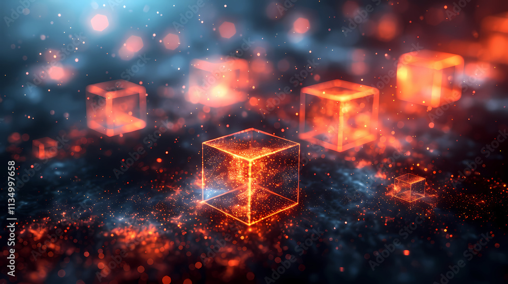 Poster glowing cubes in abstract space: intriguing, otherworldly image of several glowing orange cubes rest