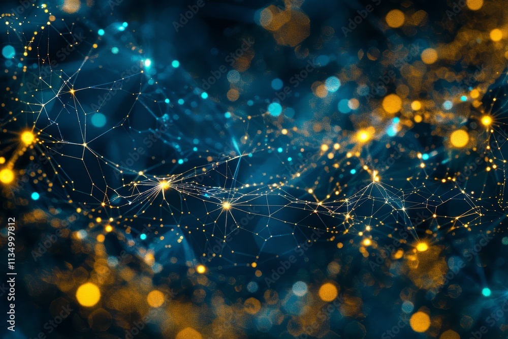 Poster this artwork showcases a network of interconnected nodes glowing in blue and gold, set against a dar