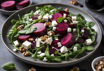 A colorful beet salad with arugula, walnuts, and vegan feta, topped with balsamic vinaigrette, ai.