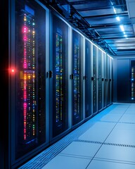 Fototapeta premium A modern data center showcasing rows of illuminated server racks in a high-tech environment.