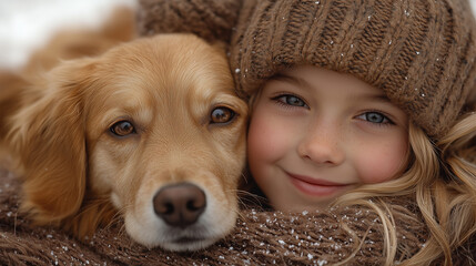 Cute little girl wearing mocha color winter cap, hugging her dog wrapped up in her scarf, golden retriever puppy. Close up portrait. Concept of pure love, winter fun with pet friends and playfulness.