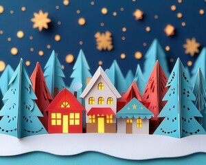 Papercrafted Christmas market scene with detailed stalls and tiny glowing lanterns under a starry winter sky, origami Papercut, holiday festivities
