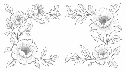 Fototapeta premium Sophisticated black and white vintage floral corner design with elegant flowers and leaves