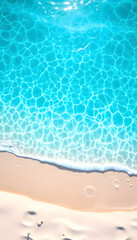 Obraz premium sand beach from above with light blue transparent water wave and sun lights, summer vacation background concept banner with copy space, natural beauty spa outdoors, minimalism, with white tones