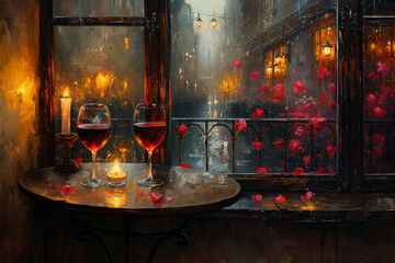 Romantic evening with red roses and candlelight by the window in a cozy Parisian cafe. Generative AI