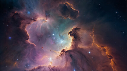 Vibrant Nebula in Outer Space - Cosmic Beauty, abstract wave pattern, digital artwork, vibrant gradient design, pink and teal gradient, dynamic wave lines, modern digital art, flowing lines artwork