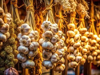 Fototapeta premium Freshly Dried Garlic Braids in Low Light at a Vibrant Market Stall