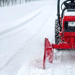 Early Morning Snowblower Clearing Driveway of Fresh Snow in Winter Landscape