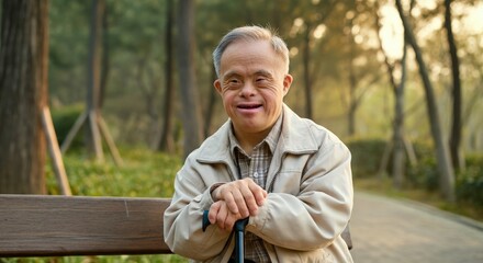Fototapeta premium Elderly asian male enjoying peaceful moment in park during autumn leisure walk