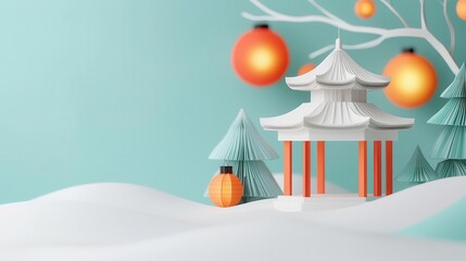 Fototapeta premium Snowcovered origami Christmas park with detailed gazebos and paper lanterns glowing softly, origami Papercut, festive peace