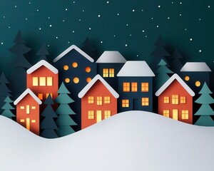 Fototapeta premium Miniature papercut cityscape of Christmas Eve, showing intricate houses with glowing interiors and subtle snowdrifts, origami Papercut, cozy holiday