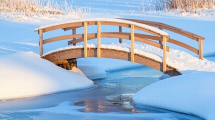 Snow-Covered Wooden Bridge Over a Frozen Stream in a Tranquil Winter Landscape