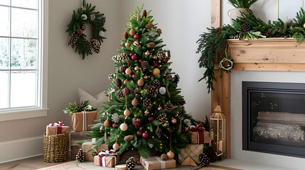 A Christmas tree adorned with natural pinecones, berries, and rustic garlands, in a Scandinavian-style home