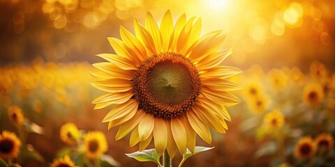 Fototapeta premium A single sunflower blooms in a field bathed in warm afternoon light, its golden petals unfurling towards the sun. The blurred background of other sunflowers creates a captivating bokeh effect.