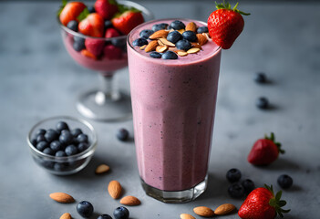 Vibrant blueberry smoothie with almonds and fresh berries, served in a tall glass on a wooden board, ai.