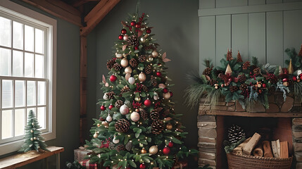 A Christmas tree adorned with natural pinecones, berries, and rustic garlands, in a Scandinavian-style home