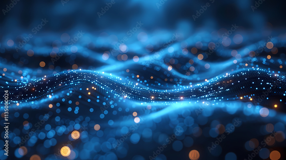 Poster digital ocean: abstract rendering of shimmering blue and orange particles forming dynamic waves, evo