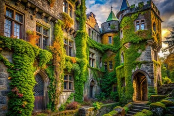 Obraz premium Haunting Elegance of a Forgotten Castle Surrounded by Enigmatic Overgrowth and Mystical Atmosphere in Macro Photography