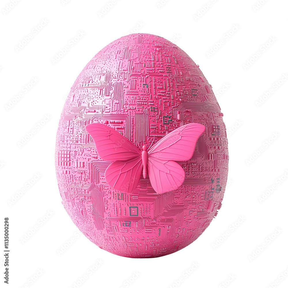 Poster a vibrant pink egg adorned with intricate patterns and a delicate butterfly resting on its surface i