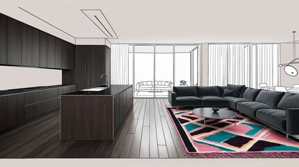 Line sketch of kitchen and living room. Dark wood