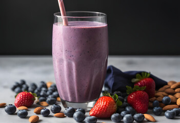 Blueberry smoothie in a tall glass, garnished with berries and almonds, displayed on a wooden board, ai.