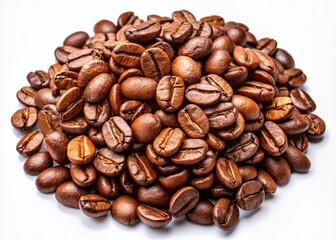 Obraz premium Heap of Freshly Roasted Coffee Beans Isolated on a Crisp White Background, Perfect for Coffee Lovers, Baristas, and Culinary Enthusiasts Seeking High-Quality Food Photography