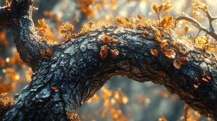 Autumnal Embrace: A Digital Painting of a Majestic Tree Branch Adorned with Golden Leaves