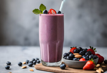 Blueberry smoothie in a tall glass, garnished with berries and almonds, displayed on a wooden board, ai.