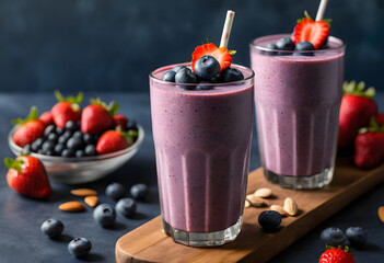 Blueberry smoothie in a tall glass, garnished with berries and almonds, displayed on a wooden board, ai.