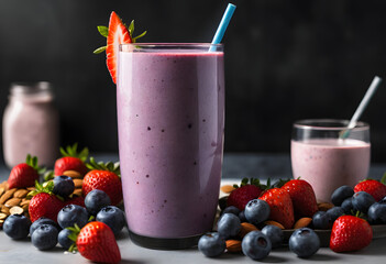 A tall glass of blueberry smoothie topped with fresh berries and almonds, set on a rustic wooden board, ai.