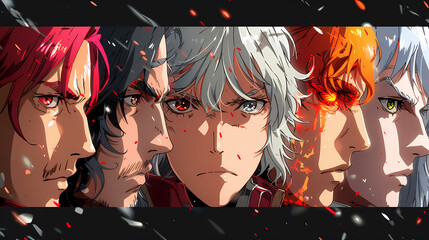 Intense Anime Lineup: Five Anime Characters with distinctive personalities and captivating expressions, each with a unique aura and story to tell, creating an electric atmosphere of mystery and power.
