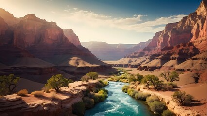 Grand Canyon River: A breathtaking panoramic view of the Grand Canyon's majestic landscape, showcasing the powerful Colorado River winding its way through the vibrant red rock formations.