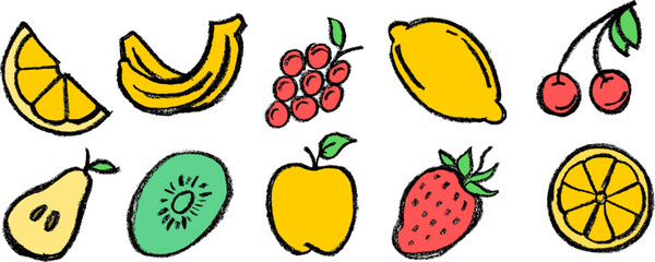 Fruit Colorful Drawing Icons Crayon Chalk Vector Set