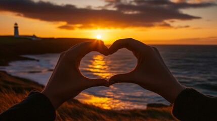 Sunset Heart Shaped Hands Ocean Lighthouse View