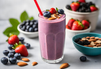 A tall glass of blueberry smoothie topped with fresh berries and almonds, set on a rustic wooden board, ai.