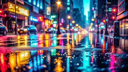 Fototapeta premium Heavy Raindrops Creating Reflections on Urban Streets During a Stormy Day with City Lights and Wet Surfaces Capturing the Essence of Urban Exploration in Rainy Weather