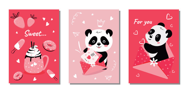 Fototapeta A set of templates for invitation cards for a party, Valentine's Day, birthday with a funny panda, sweets and inscriptions. Vector design.
