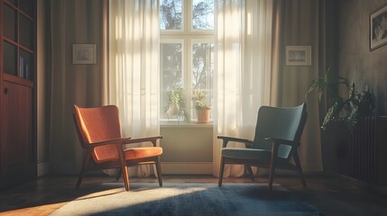 Obraz premium Sunlit Room with Mid Century Modern Chairs