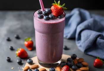 A tall glass of blueberry smoothie topped with fresh berries and almonds, set on a rustic wooden board, ai.