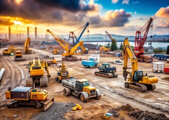 High Depth of Field Image Featuring a Diverse Set of Heavy Equipment Including Excavators, Bulldozers, Cranes, Dump Trucks, and Forklifts in an Industrial Setting